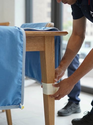 Close-up documentary photography of uniformed movers carefully wrapping a delicate wooden dining table leg with thick protective blue blankets and heavy-duty tape, bright natural light.