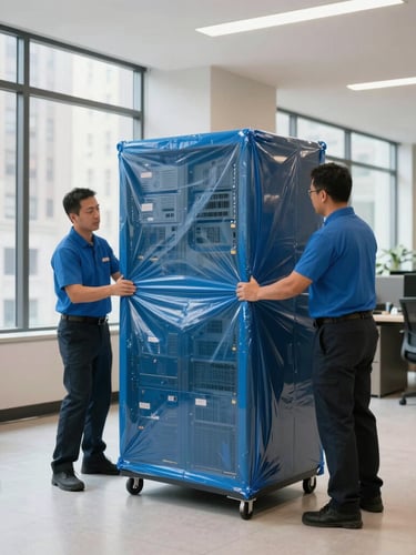 Crisp documentary photography of uniformed movers carefully wrapping a large office server rack in protective blue film inside a Manhattan office lobby, bright natural daylight through windows.