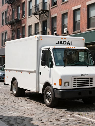 Crisp documentary photo of a clean Jadai Moving truck parked on a cobblestone Brooklyn street, bright natural daylight, clean urban NYC setting.