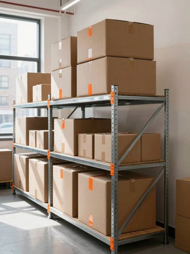 Crisp documentary photography of a clean, brightly lit modern storage facility in New York, organized cardboard boxes neatly stacked on metal shelves, safety-orange accents, natural daylight streaming from high windows, sharp focus.