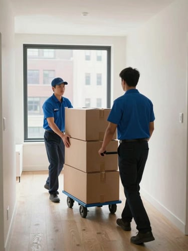 Documentary wide shot of professional movers in matching uniforms navigating a wide hallway in a modern Manhattan apartment building, carrying structured boxes on a dolly, bright natural interior light.