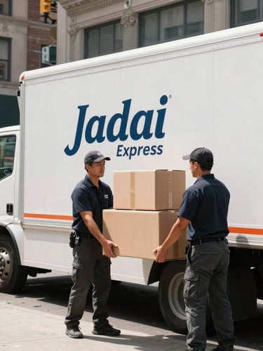 A clean Jadai Moving Express truck parked on a Manhattan street during bright daylight, uniformed movers loading structured boxes carefully, crisp documentary style.