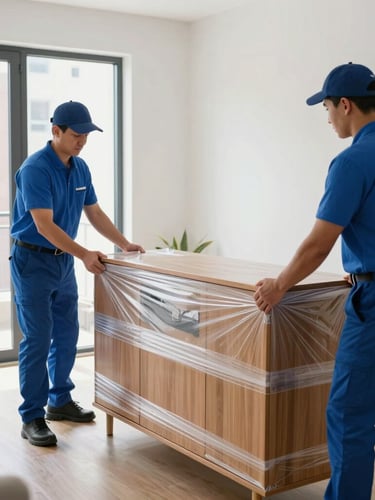 Movers in matching blue uniforms carefully wrapping a wooden cabinet with protective plastic stretch wrap inside a bright apartment room, crisp documentary style, sharp focus.
