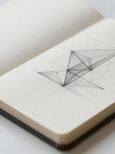 Close-up of a physical leather notebook with clean geometric sketches on a white table, soft north-facing daylight, sharp focus, 35mm