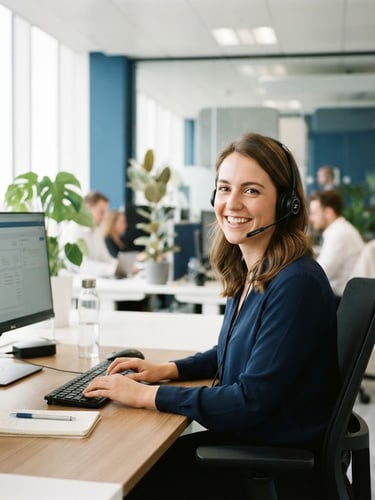 Professional customer service representative with a headset smiling in a bright, clean modern office environment, high-key natural daylight, 35mm