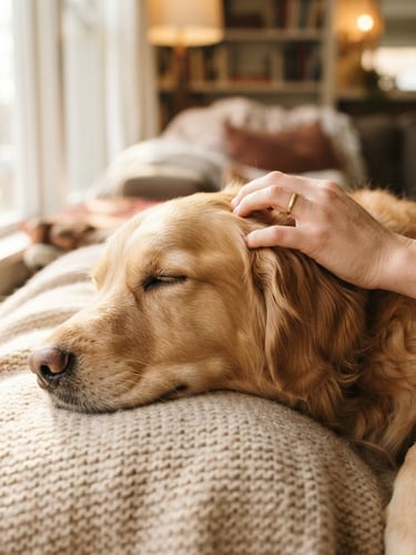 Close-up of a healthy, relaxed golden retriever dog laying on a soft blanket in a sunlit home, a human hand gently petting its head, warm editorial photography, shallow depth of field.
