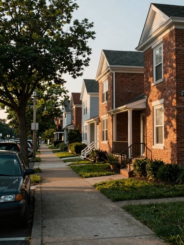 Wide street-level view of a classic Piedmont NC neighborhood, tree-lined sidewalk running left to right, warm afternoon light on brick facades, a parked car in the foreground, residential depth receding into background