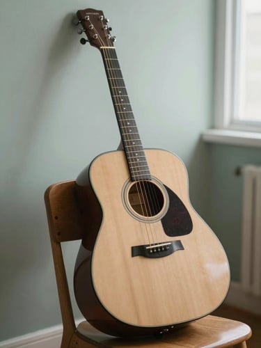 A solitary acoustic guitar resting against a warm wooden chair in a sun-drenched, quiet music studio, soft morning light, shallow depth of field, 35mm