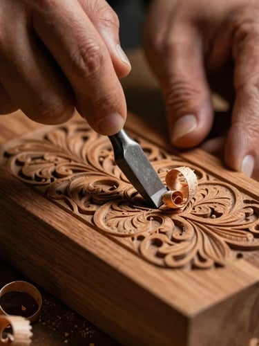 Macro close-up of a carpenter's hands using a steel chisel to carve intricate floral patterns into a solid teak wood block, curling wood shavings, warm low-key workshop lighting, dramatic depth of field