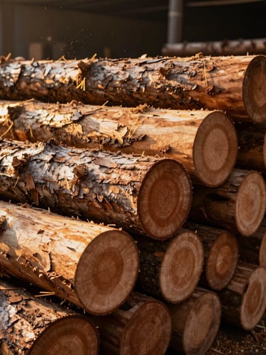 Stacked raw teak logs in an open-air workshop yard, golden hour sunlight highlighting the rough bark and deep growth rings, sawdust drifting in the air