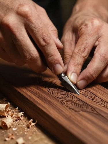 Close-up of a master artisan's hands carving intricate patterns into deep walnut wood using a steel chisel, warm low-key workshop lighting, wood shavings scattered around, 35mm film style