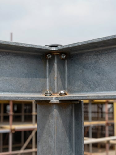 Extreme close-up of a structural steel connection joint on a building under construction in Nigeria — bolt heads, welded plate, and raw steel surface in sharp focus, overcast daylight from above revealing true metal tone, shallow depth of field with scaffolding blurred in the background, no people