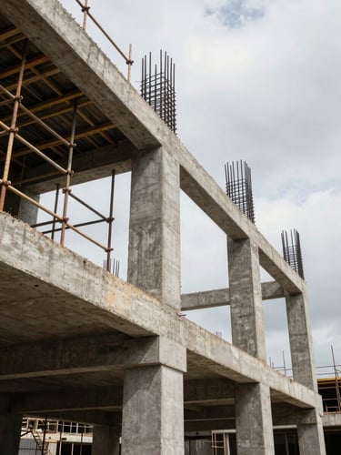 Wide panoramic view from ground level looking up at a reinforced concrete structural frame under construction in Lagos, steel rebar joints visible in sharp focus against an overcast sky, scaffolding extending into the upper frame, natural diffuse daylight revealing true concrete texture, no workers posed — only the precision of the structure itself