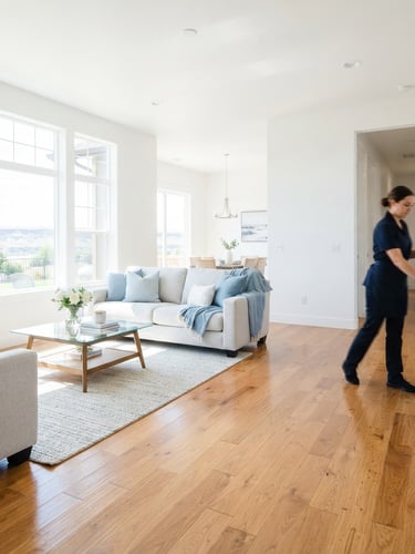 Bright, immaculate Twin Falls home interior, sunlit, with gleaming hardwood floors and a professional cleaner in a neat uniform, blurred in the background, to the right. Crisp natural daylight, clean white and soft blue tones, sharp focus, 35mm lens.