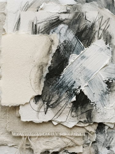 Extreme close-up flat-lay of a photocomposition, showing textured layers and painterly digital brushwork, soft diffused daylight, high-resolution archival detail, neutral white and charcoal tones, 35mm