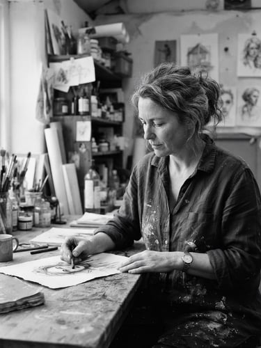 Natural, unposed black-and-white portrait of Clare Newton in her studio, soft diffused daylight, neutral tones, high-resolution archival detail, 35mm.