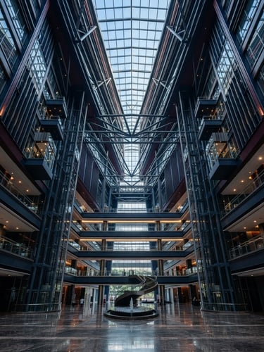 Symmetrical architectural low-angle shot of a modern corporate skyscraper atrium in Kuala Lumpur, crisp morning daylight, deep navy tones, premium architectural photography, sharp focus, Hasselblad medium format.