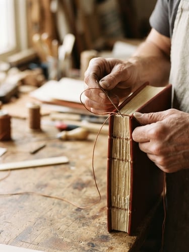 Close-up of hands carefully stitching a book spine with strong thread, showing exposed binding, warm natural workshop light, rich tinto and copper tones, shallow depth of field, 35mm, positioned right third.