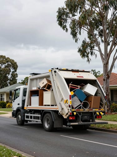 Wide environmental shot, natural overcast daylight — a fully loaded rubbish removal truck parked on a quiet Albury residential street, rear bed piled high with furniture and general household junk, driver's cab visible to the left, suburban houses and eucalyptus trees lining the background