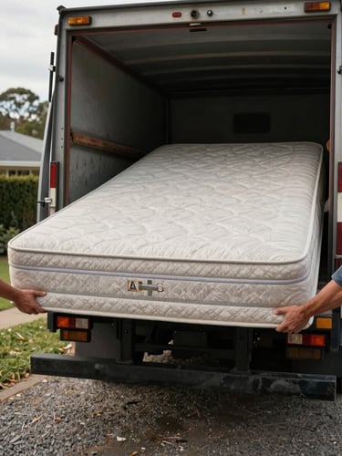 Close-up of two hands gripping opposite ends of a heavy old mattress being loaded into the back of a rubbish truck on a suburban Albury driveway, natural overcast daylight, gravel visible underfoot, truck bed interior dark behind the mattress