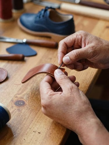 Hands of a master artisan stitching a children's leather shoe upper in a warm Trujillo workshop, tools scattered on a wooden table, 35mm