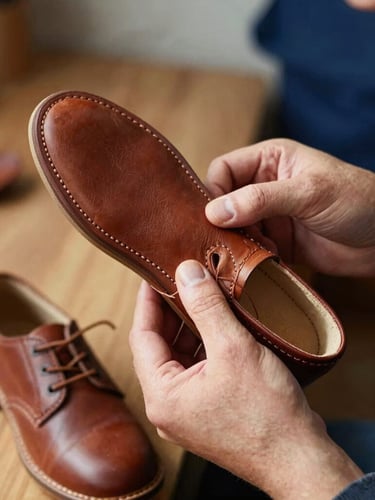 Portrait shot of a craftsman's hands carefully stitching the sole of a children's leather shoe, warm side-lighting highlighting the leather grain and thick thread, shallow depth of field.