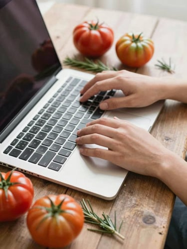 Hands editing editorial food photography on a laptop, surrounded by fresh heirloom tomatoes and rosemary sprigs on a rustic wooden table, soft natural daylight, 35mm