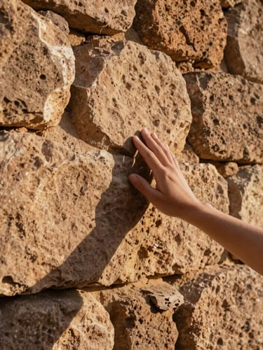 Close-up of hand touching a warm, textured local stone wall, soft sunlight, architectural detail of Andean craftsmanship