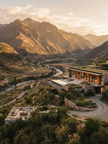 Wide environmental landscape of Sacred Valley of Peru at golden hour, low-profile modern luxury villa blending into the dramatic mountain backdrop, warm sunlight, medium format film