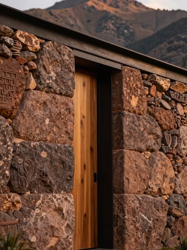 Close-up of ancient Inca stone masonry integrated with modern dark steel and eucalyptus wood, warm ambient light, high-end architectural detail.