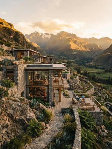 Wide angle architectural shot of a modern minimalist stone villa in the Sacred Valley, integrated into the mountain landscape, warm golden-hour light