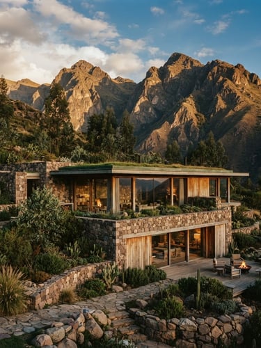 Low-profile modern villa made of local stone and eucalyptus wood, blending into the dramatic Sacred Valley mountain backdrop at golden hour, warm lighting, medium format film