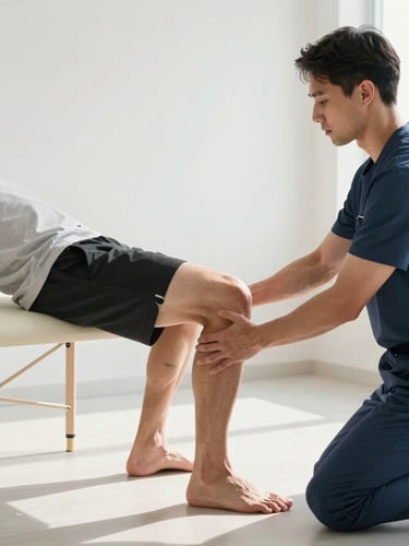 Wide shot, bright clinical lighting — a physical therapist's hands guiding an athlete's knee through a loaded squat assessment, close detail of hip alignment and foot positioning, direct north-facing daylight, clean white clinic wall behind