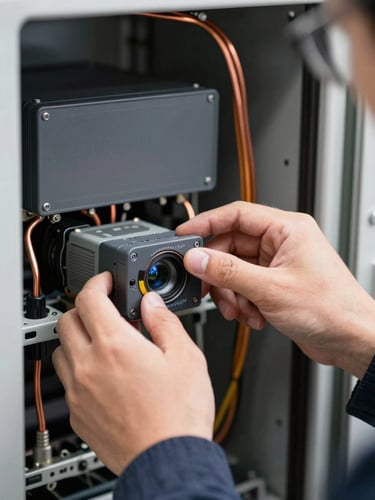 Close-up of an engineer using diagnostic equipment on an industrial UPS panel, high-contrast, clean bright lighting, heavy-duty copper wiring visible, 50mm lens