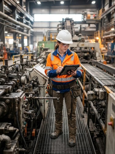 Engineer in high-visibility gear conducting a site audit in an industrial facility, bright clean lighting, high-contrast technical details, heavy-duty machinery in background, 50mm lens