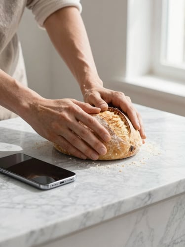 Hands kneading sourdough bread on a clean marble counter next to a sleek modern smartphone, warm morning window light, high contrast