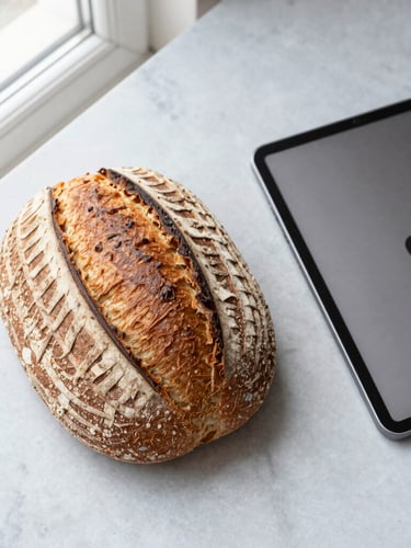 Top-down clean studio shot of a rustic sourdough bread loaf next to a sleek modern tablet on a light grey marble surface, bright natural window light