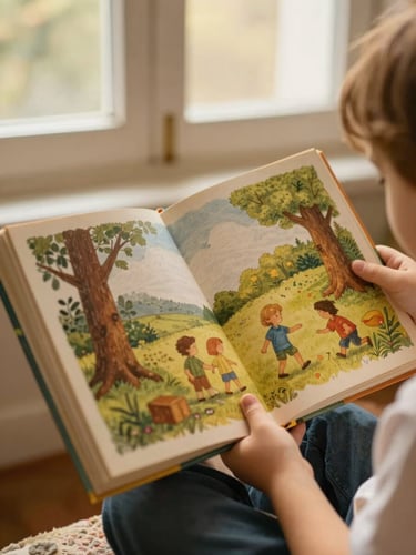 Warm editorial photography of a child's hands holding open a beautifully illustrated children's book, showing textured paper pages, soft diffused indoor lighting, 35mm.
