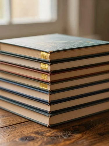 A stack of high-quality physical children's books showing textured paper covers and gold foil spine details, resting on a rustic wooden table under warm window light, shallow depth of field, 35mm