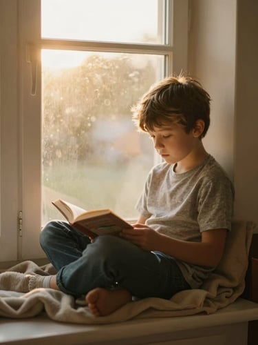 Warm editorial photography of a young boy reading peacefully on a window seat, cozy blankets, soft golden-hour light, shallow depth of field, 35mm.