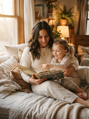 Warm editorial photography of a mother and young child reading a physical book together in a cozy bedroom, soft golden-hour window light, rich nostalgic tones, shallow depth of field, 35mm.