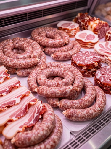 Close-up of a butcher display counter packed with fresh sausage coils, sliced deli meats, and bright bacon strips under clean white store lighting, shot from a slight low angle to emphasise abundance and freshness