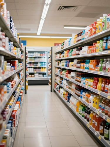Wide shot of a bright, fully stocked store interior showing colourful product shelves and a clean refrigerated display under modern overhead lighting, abundant and orderly