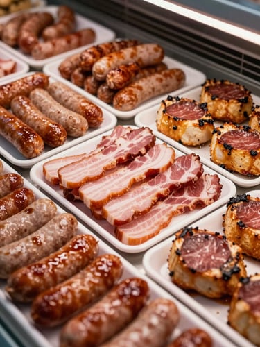 Close-up overhead shot of a loaded deli counter display — glistening sausages, thick-cut bacon rashers, and golden braai chops arranged on clean white trays under bright studio light, abundant and appetizing