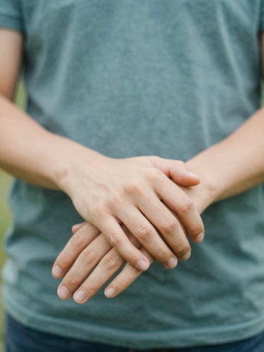 Close-up of two hands clasped together in support, soft natural daylight, warm green and blue tones, authentic editorial style