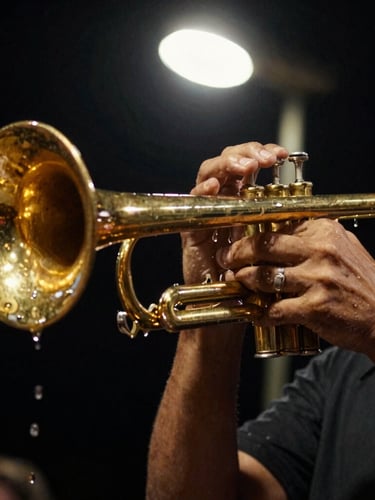 A close-up of a musician's hands on the valves of a worn, golden trumpet, sweat dripping, high-contrast dramatic night-time streetlamp glow.