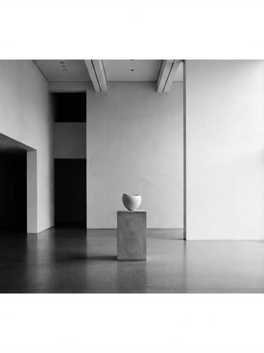 Wide panoramic architectural interior, stark white walls, deep shadows, a single minimalist object on a pedestal, diffused north-facing daylight, high contrast, monochrome.