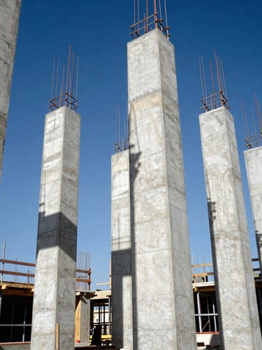 Low-angle heroic shot of active Moroccan construction site, raw concrete pillars rising, harsh Mediterranean sunlight casting strong geometric shadows, 35mm