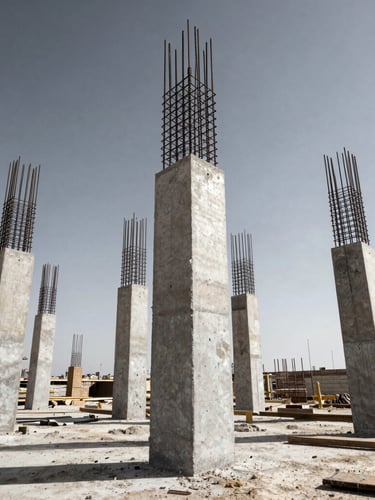 Low-angle heroic shot of active Moroccan construction site, raw concrete columns and steel reinforcement bars rising against harsh Mediterranean sunlight, casting strong geometric shadows.