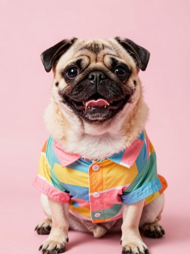 A joyful pug wearing a colorful, vibrant handmade summer shirt looking directly at the camera, bright studio lighting, pink background, high-key focus